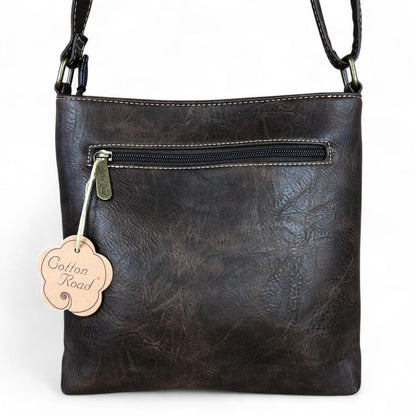 BROWN PU Leather Cotton Road Sling Bag with PROTEA detailing