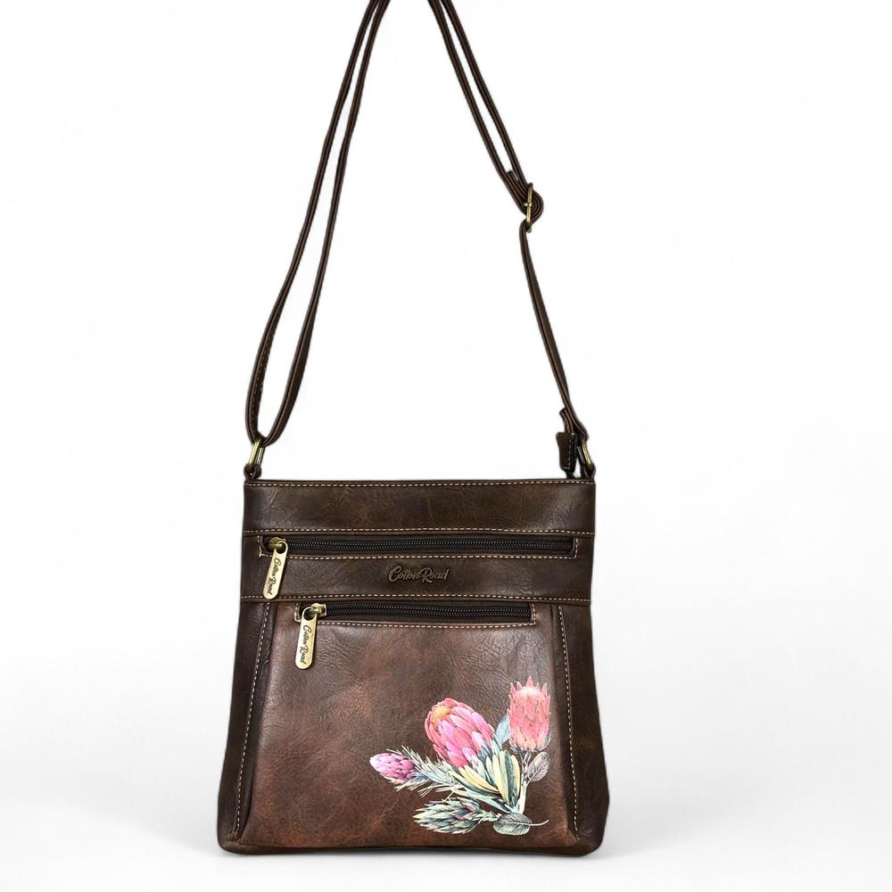 BROWN PU Leather Cotton Road Sling Bag with PROTEA detailing