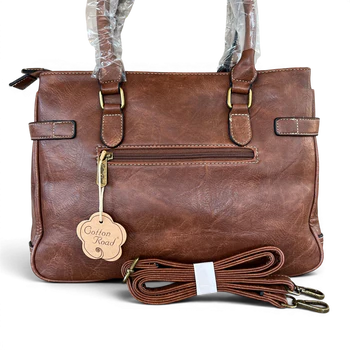 BROWN PU Leather Bag with EMBROIDERED PROTEA Design TOP ZIPS BACK