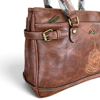 BROWN PU Leather Bag with EMBROIDERED PROTEA Design TOP ZIPS CORNER