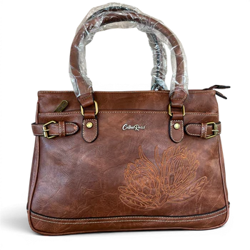 BROWN PU Leather Bag with EMBROIDERED PROTEA Design TOP ZIPS DETAIL