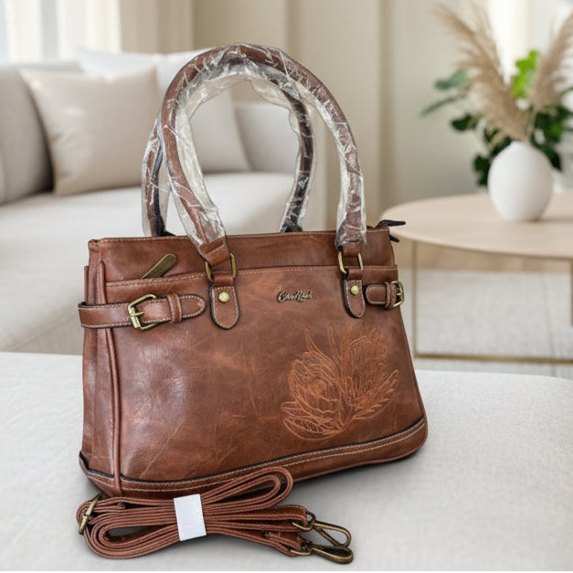 BROWN PU Leather Bag with EMBROIDERED PROTEA Design TOP ZIPS HERO