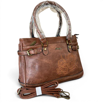 Cotton Road Handbag: Stylish BROWN PU Leather Bag with EMBROIDERED PROTEA Design TOP ZIPS SET