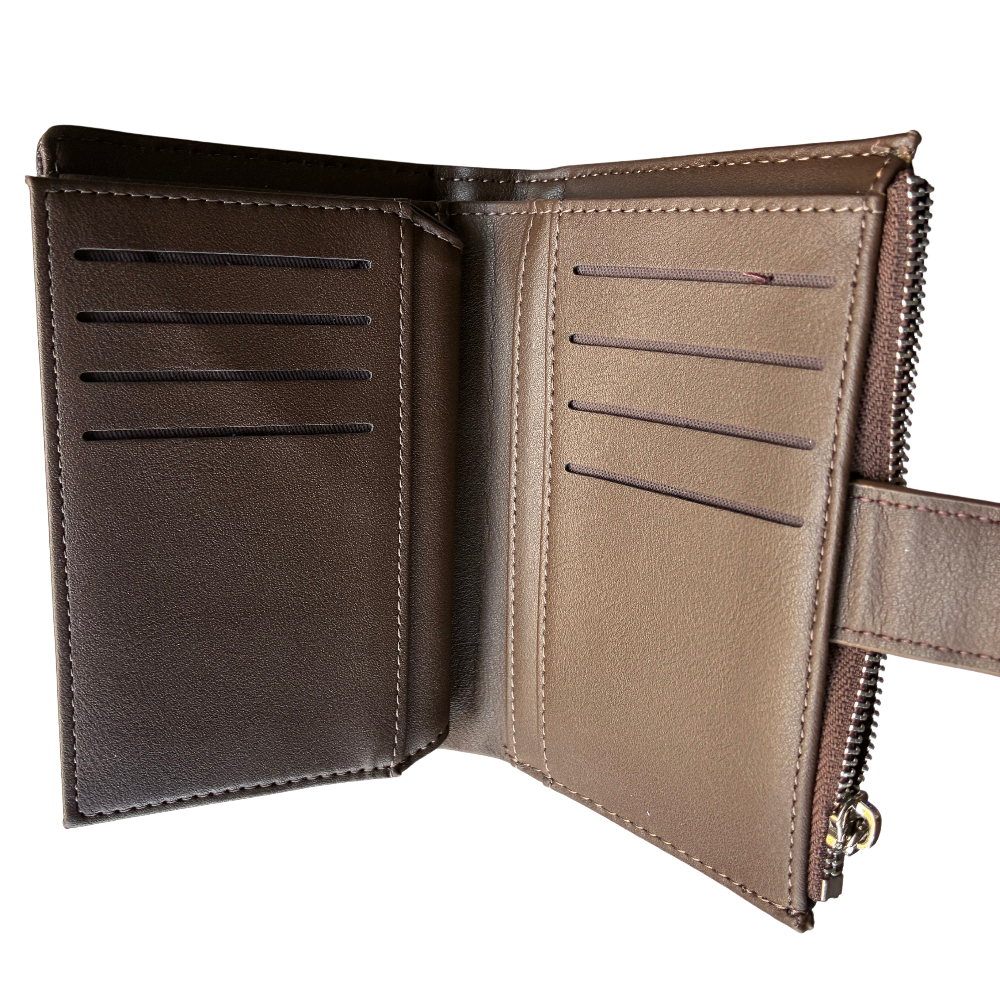 BROWN Soft Canvas Purse with PU Leather Trim TRI FOLD VIEW