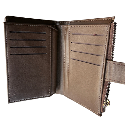 BROWN Soft Canvas Purse with PU Leather Trim TRI FOLD VIEW