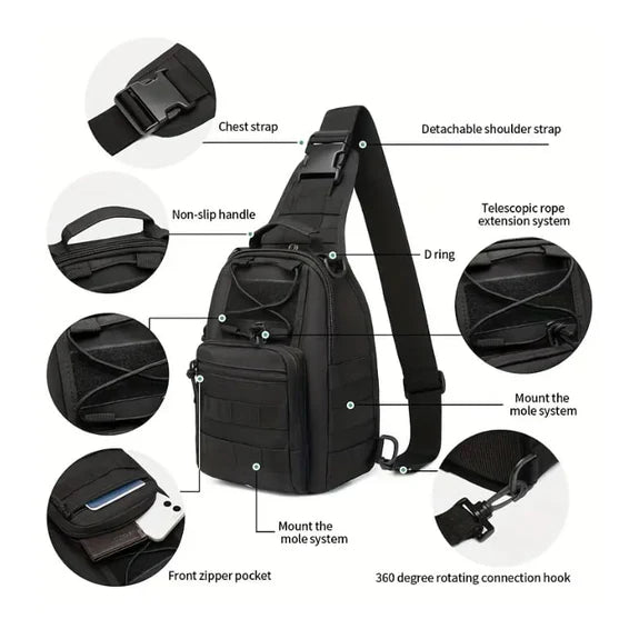 Multiple views of Durable Military style tactical sling bag with multiple pockets in black oxford fabric on a white background. We Sell Bags South Africa