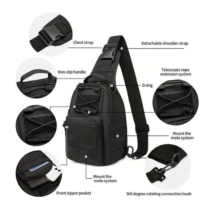 Multiple views of Durable Military style tactical sling bag with multiple pockets in black oxford fabric on a white background. We Sell Bags South Africa