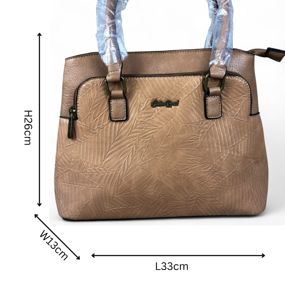 CAMEL PU Leather Cotton Road Handbag with EMBOSSED Panel