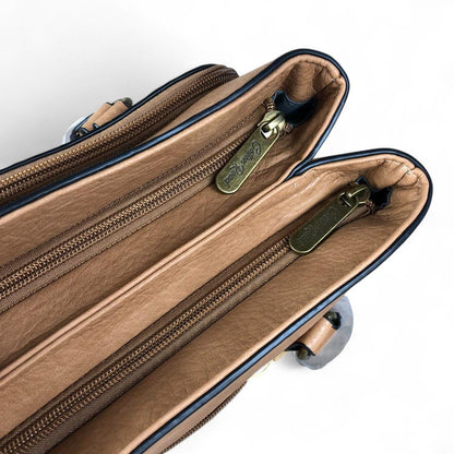 CAMEL PU Leather Cotton Road Handbag with EMBOSSED Panel