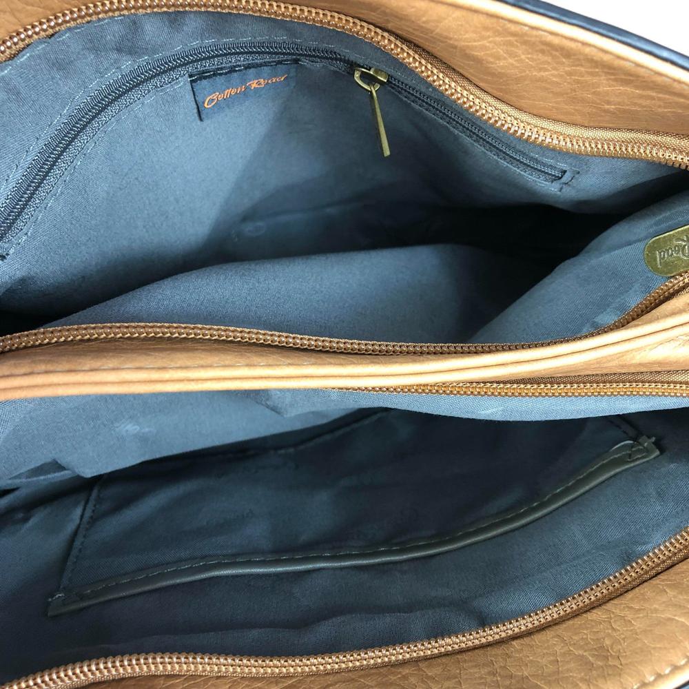 CAMEL PU Leather Cotton Road Handbag with EMBOSSED Panel