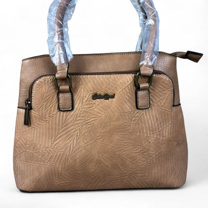 CAMEL PU Leather Cotton Road Handbag with EMBOSSED Panel