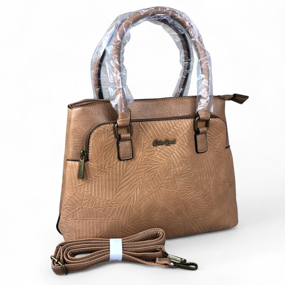 CAMEL PU Leather Cotton Road Handbag with EMBOSSED Panel