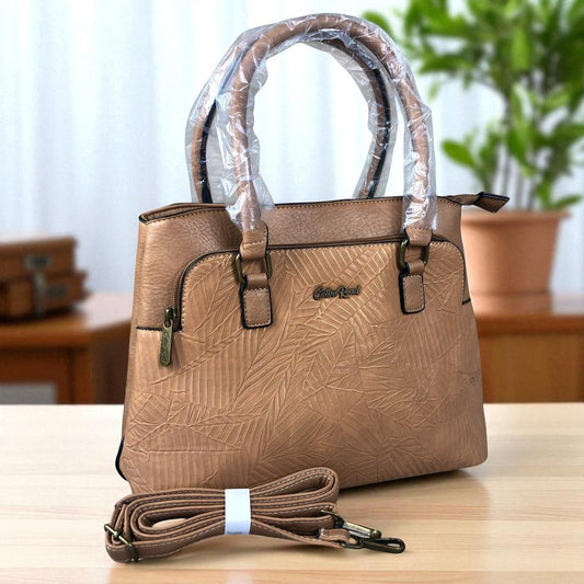 CAMEL PU Leather Cotton Road Handbag with EMBOSSED Panel
