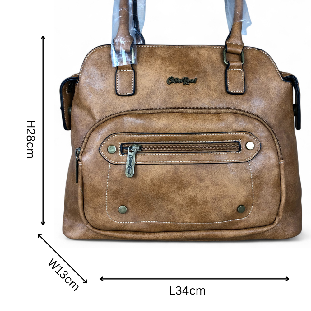 CAMEL PU Leather Cotton Road Handbag with STUDDS