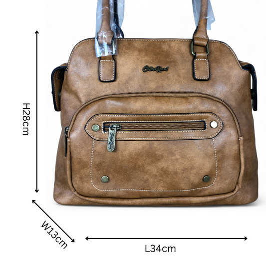 CAMEL PU Leather Cotton Road Handbag with STUDDS