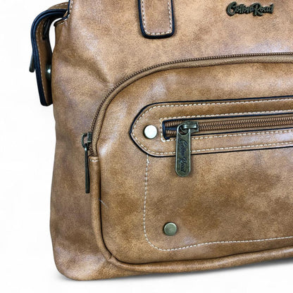 CAMEL PU Leather Cotton Road Handbag with STUDDS