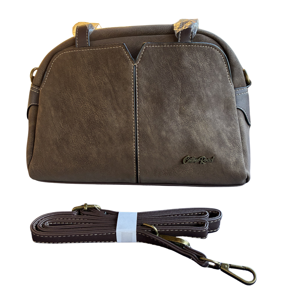 Cotton Road Handbag: COFFEE BROWN PU Leather Dome Shoulder Bag with Black Trim SET