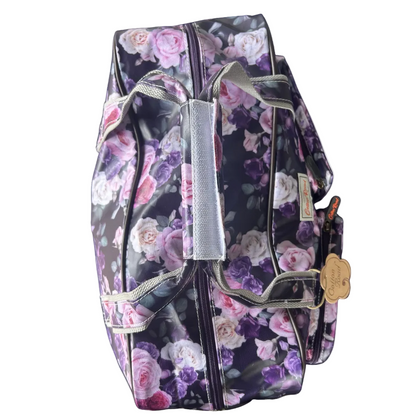 Cotton Road Travel Bag: PURPLE PVC Overnight Bag with ROSES