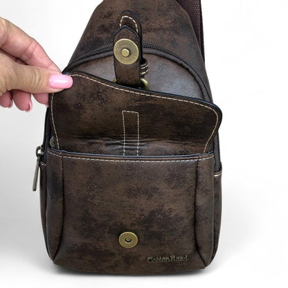 COFFEE BROWN Cotton Road PU Leather Cross Body Bag / Mini Backpack