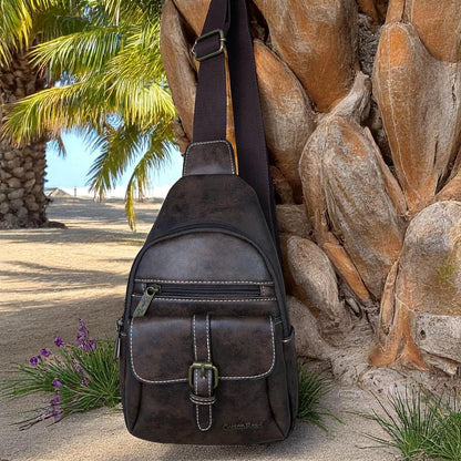 COFFEE BROWN Cotton Road PU Leather Cross Body Bag / Mini Backpack