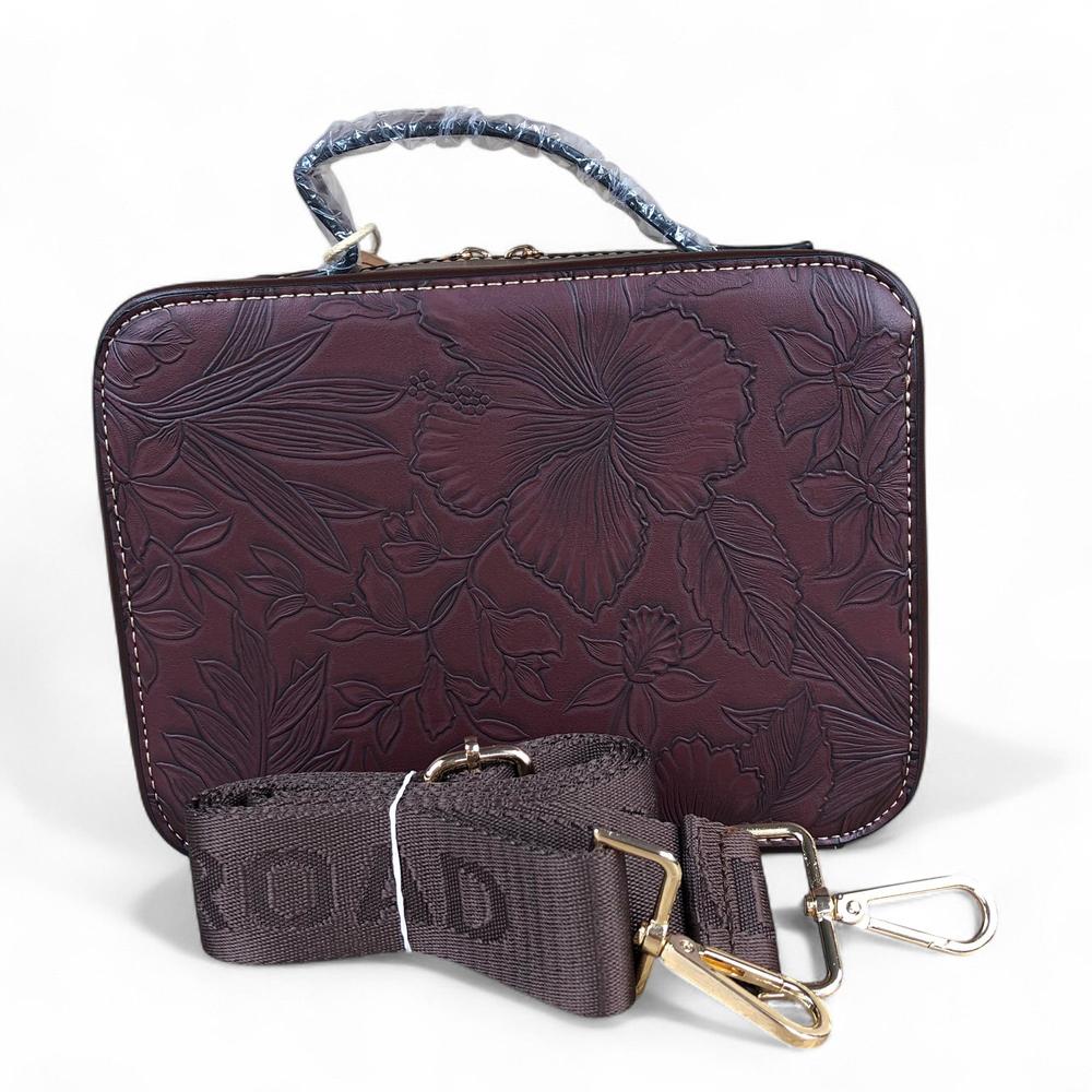 COFFEE BROWN FLORAL PU Leather Cotton Road Sling Bag with POCKET