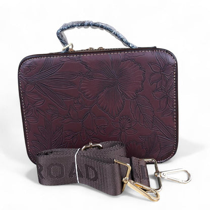 COFFEE BROWN FLORAL PU Leather Cotton Road Sling Bag with POCKET