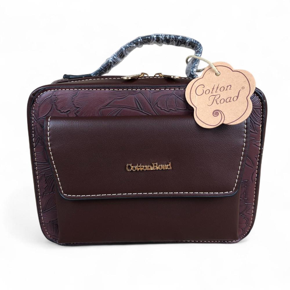 COFFEE BROWN FLORAL PU Leather Cotton Road Sling Bag with POCKET