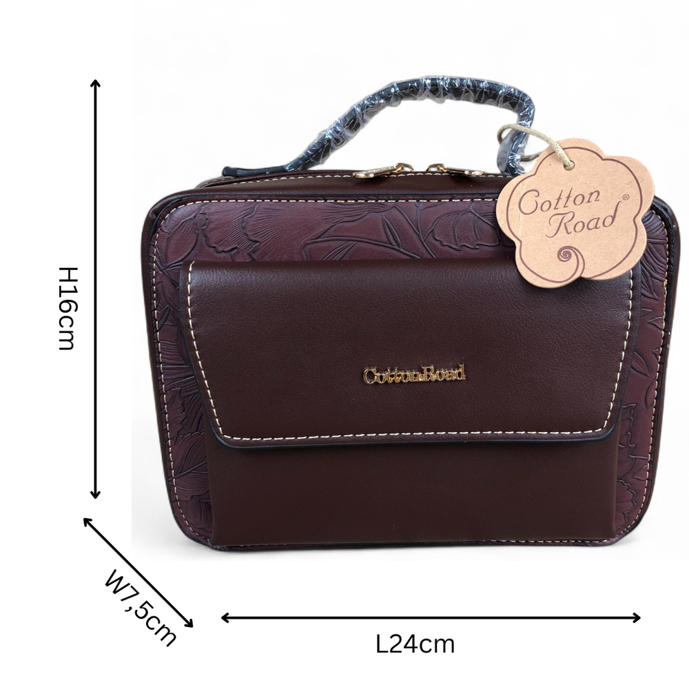 COFFEE BROWN FLORAL PU Leather Cotton Road Sling Bag with POCKET