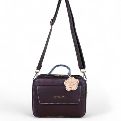 COFFEE BROWN FLORAL PU Leather Cotton Road Sling Bag with POCKET