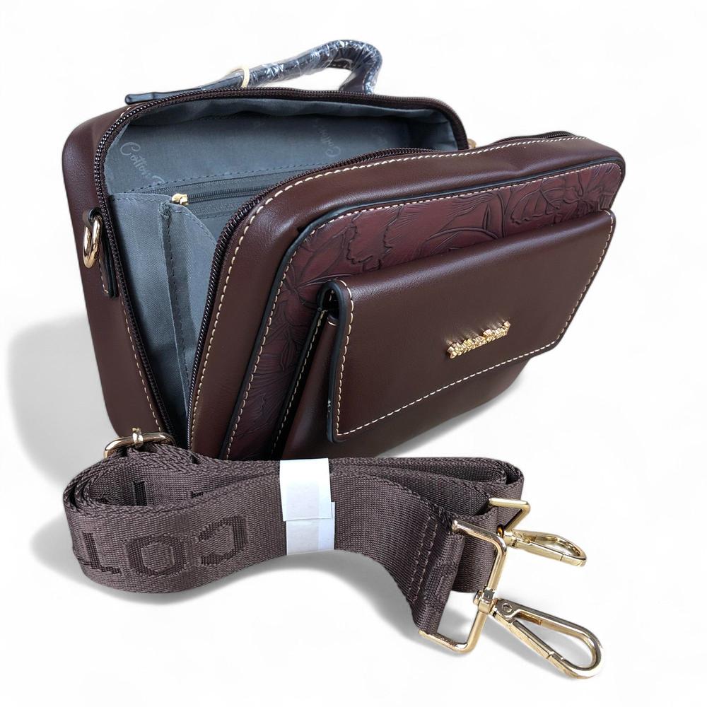 COFFEE BROWN FLORAL PU Leather Cotton Road Sling Bag with POCKET