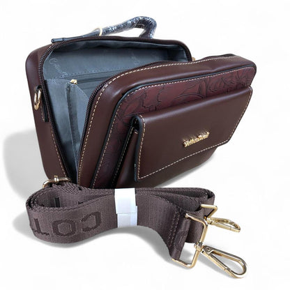 COFFEE BROWN FLORAL PU Leather Cotton Road Sling Bag with POCKET