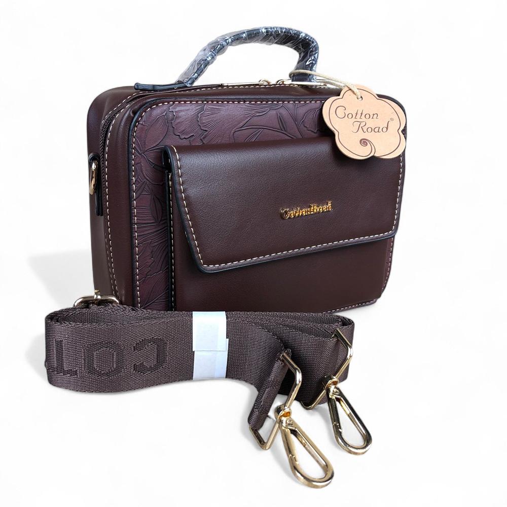 COFFEE BROWN FLORAL PU Leather Cotton Road Sling Bag with POCKET