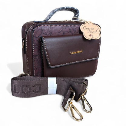 COFFEE BROWN FLORAL PU Leather Cotton Road Sling Bag with POCKET