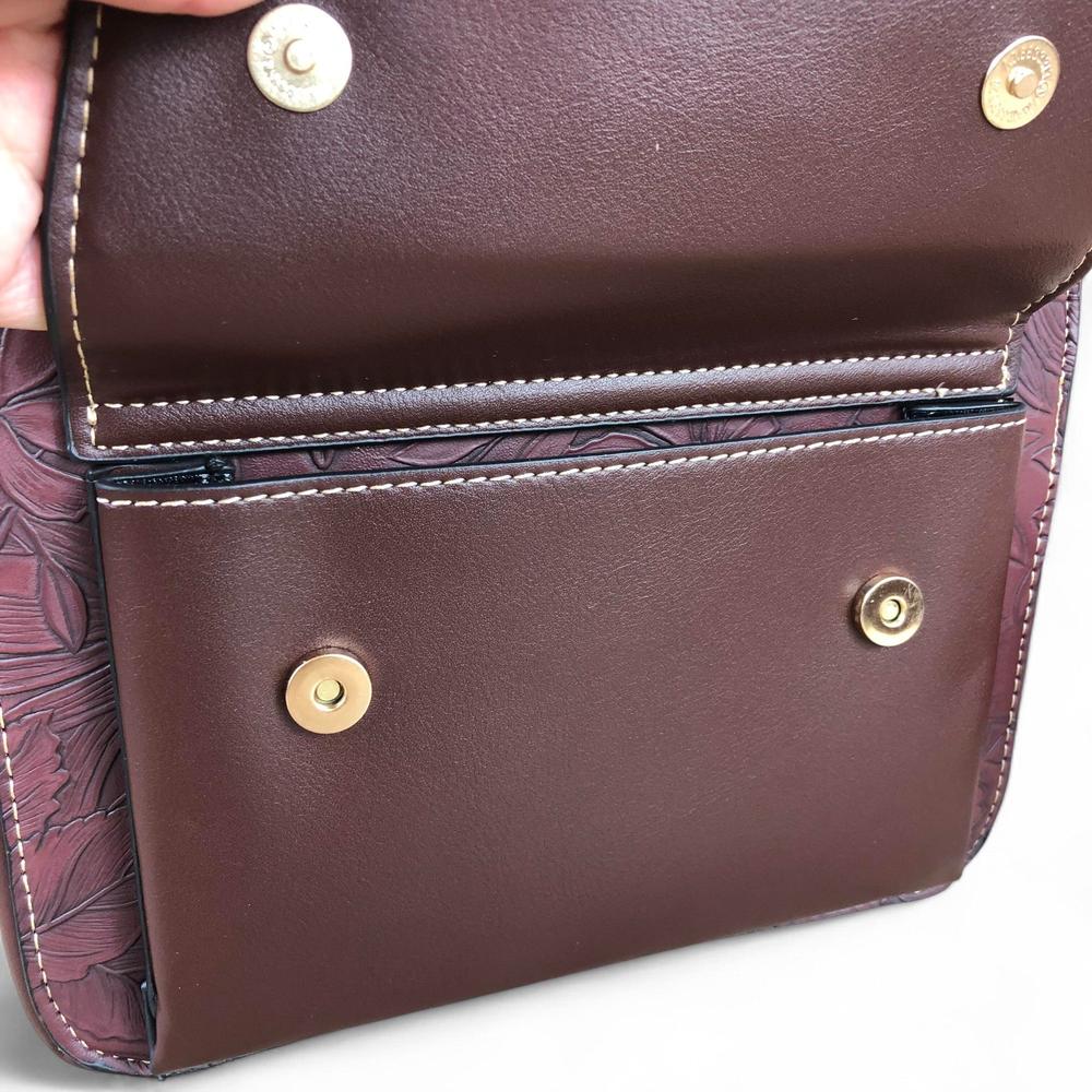 COFFEE BROWN FLORAL PU Leather Cotton Road Sling Bag with POCKET