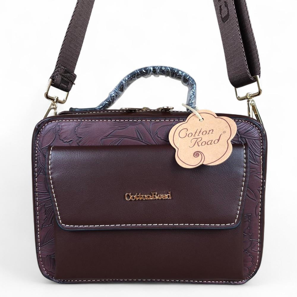 COFFEE BROWN FLORAL PU Leather Cotton Road Sling Bag with POCKET