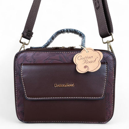 COFFEE BROWN FLORAL PU Leather Cotton Road Sling Bag with POCKET