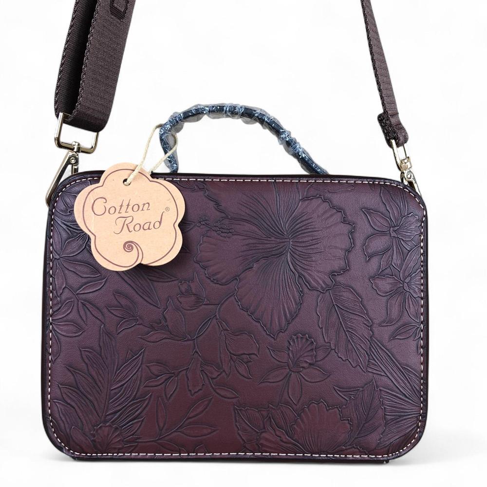 COFFEE BROWN FLORAL PU Leather Cotton Road Sling Bag with POCKET