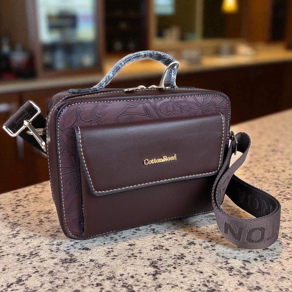 COFFEE BROWN FLORAL PU Leather Cotton Road Sling Bag with POCKET