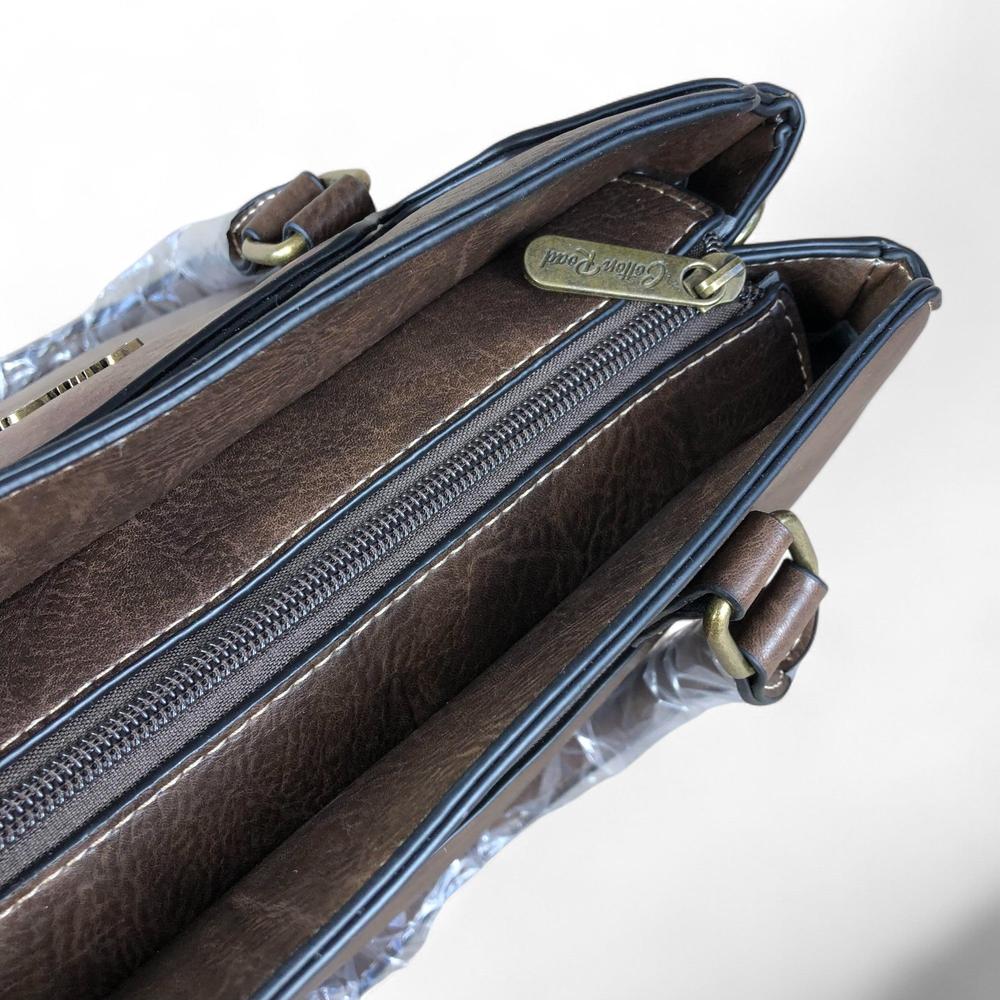 COFFEE BROWN PU Leather Cotton Road Handbag with PROTEA