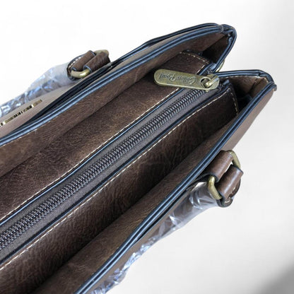 COFFEE BROWN PU Leather Cotton Road Handbag with PROTEA