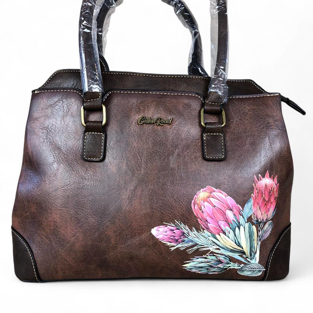 COFFEE BROWN PU Leather Cotton Road Handbag with PROTEA