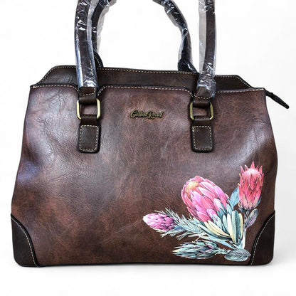 COFFEE BROWN PU Leather Cotton Road Handbag with PROTEA