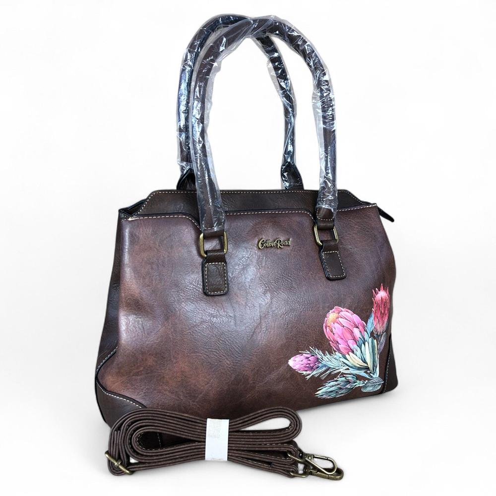 COFFEE BROWN PU Leather Cotton Road Handbag with PROTEA