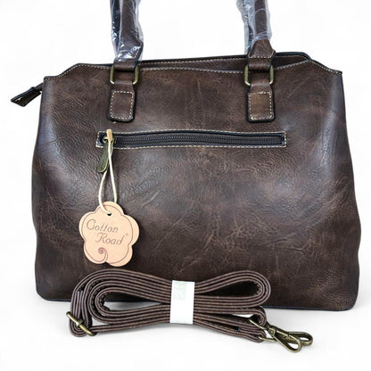 COFFEE BROWN PU Leather Cotton Road Handbag with PROTEA