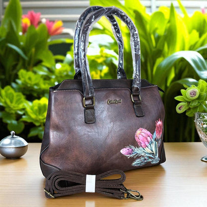 COFFEE BROWN PU Leather Cotton Road Handbag with PROTEA