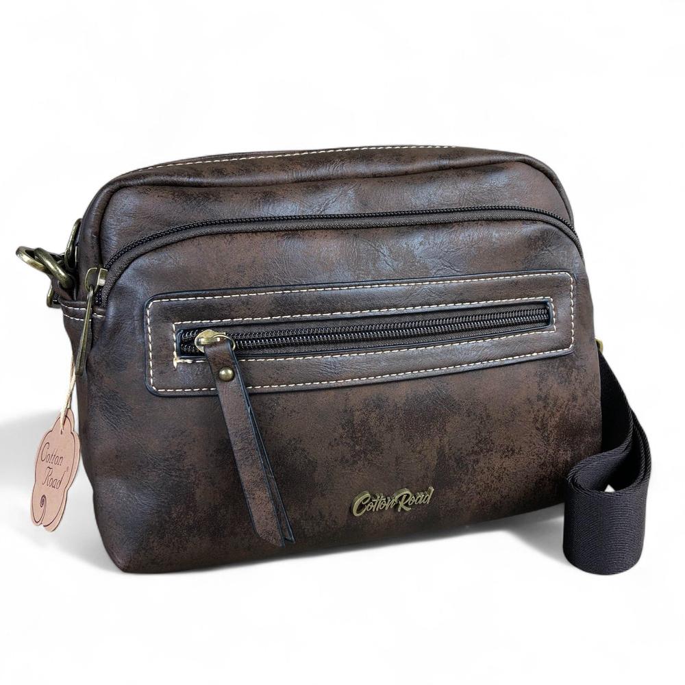 COFFEE BROWN PU Leather Cotton Road Sling Bag