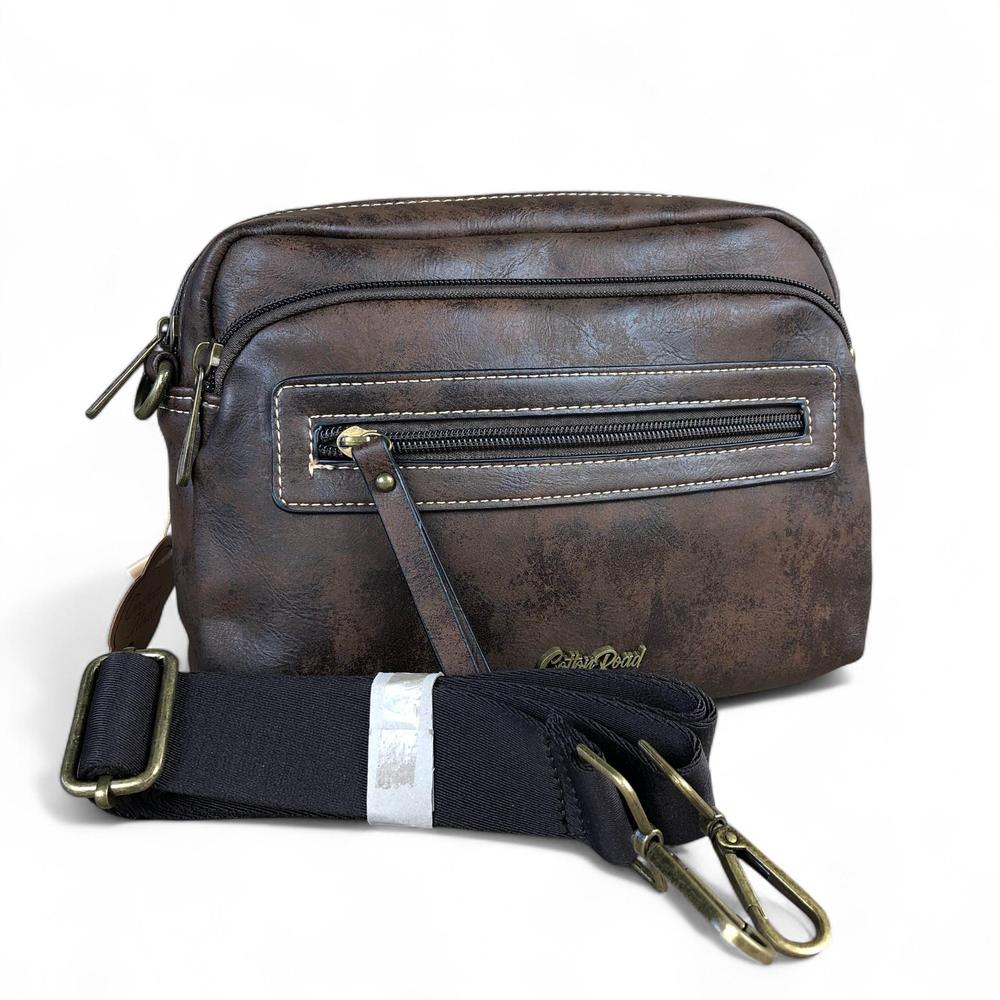 COFFEE BROWN PU Leather Cotton Road Sling Bag