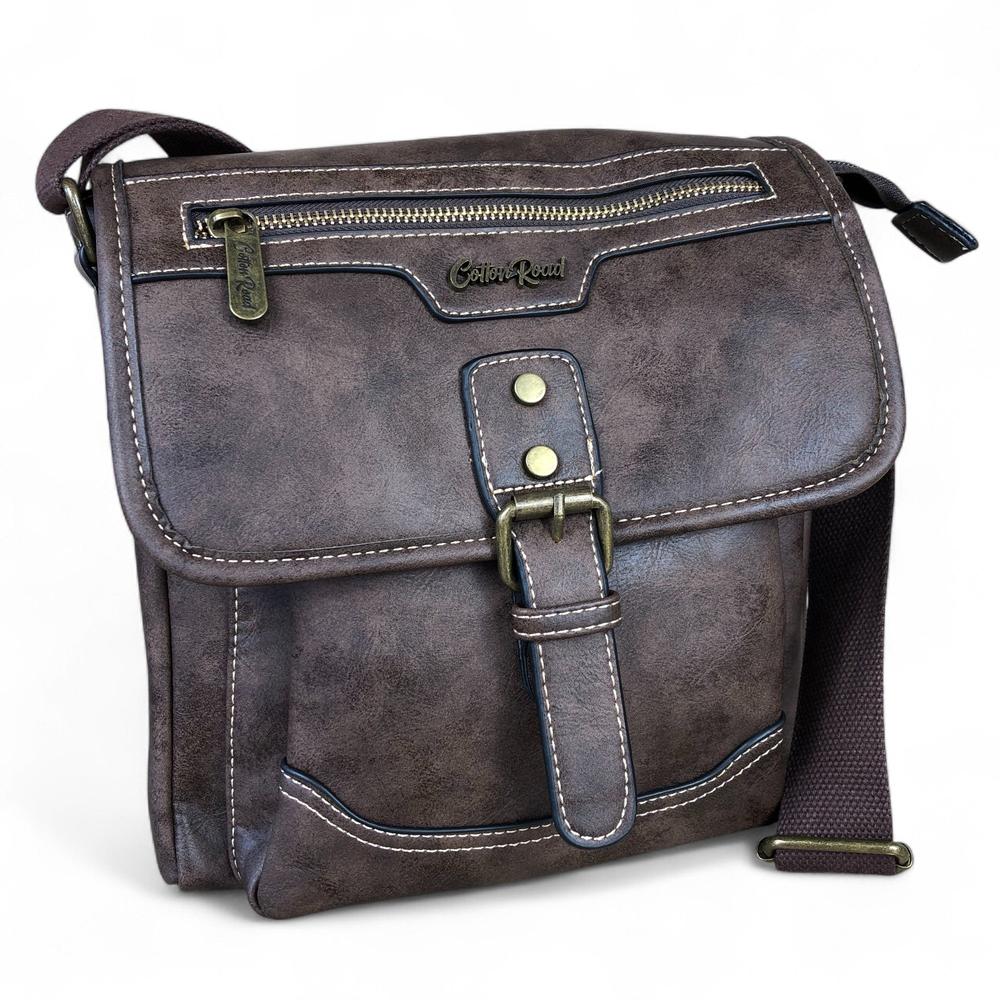 COFFEE BROWN PU Leather Cotton Road Sling Bag with BUCKLE detailing