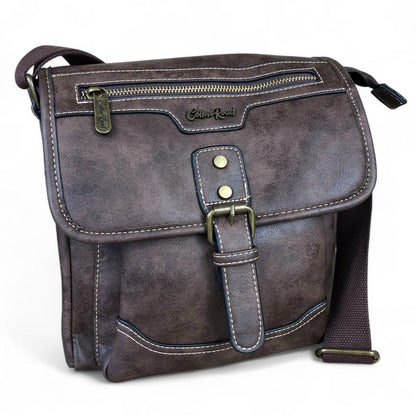 COFFEE BROWN PU Leather Cotton Road Sling Bag with BUCKLE detailing