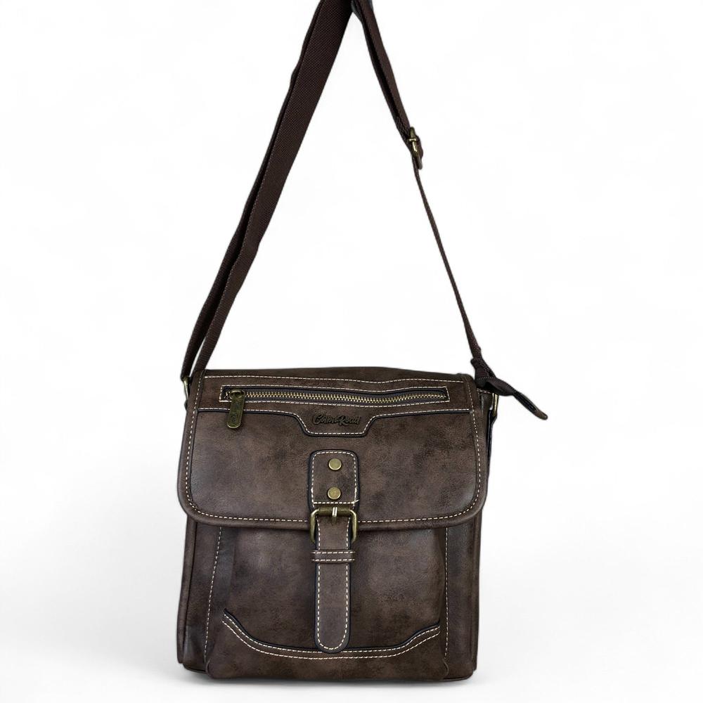 COFFEE BROWN PU Leather Cotton Road Sling Bag with BUCKLE detailing